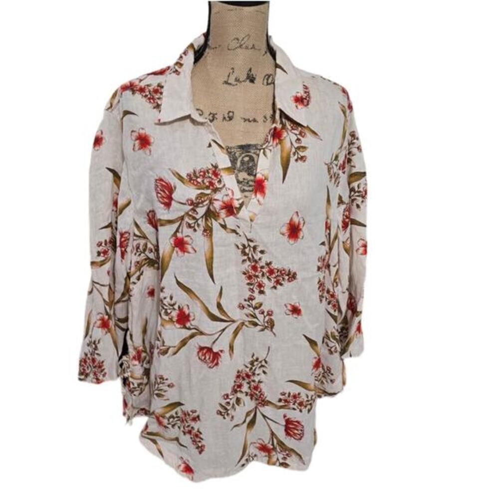 Tahari Floral Linen Boho Tunic Top White Red Orange Side Tie Hem 3/4 Sleeve 3X